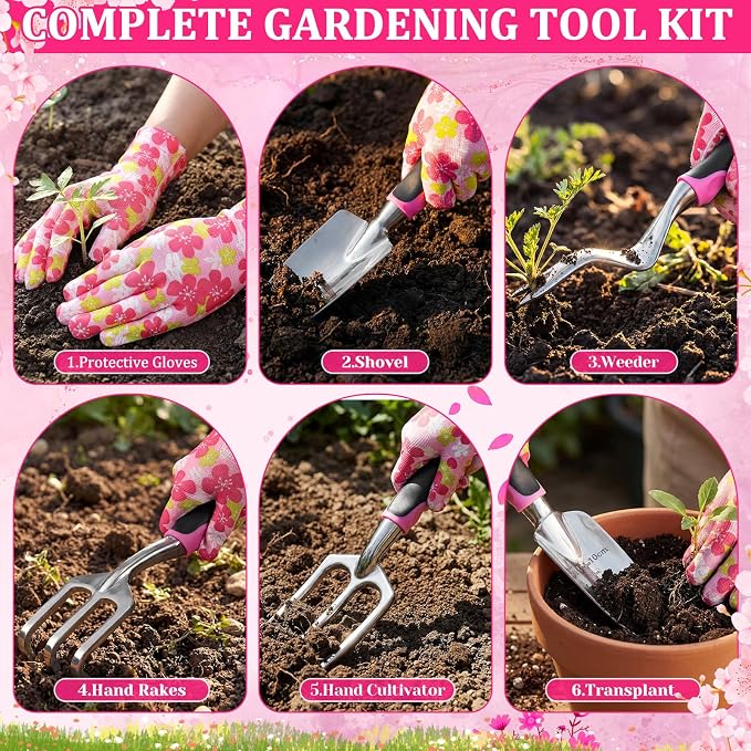 Blueweenly 9 Pcs Watering Can Garden Tools Kit with Bible Verse Christian Gardening Gifts for Women with Heavy Duty Garden Hand Tools 1.6L Galvanized Metal Can Apron Gloves for Mom Grandma(Pink)
