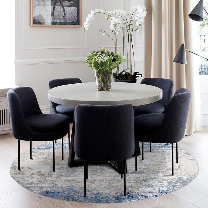 ROYHOME Modern Abstract 4x4 Round Area Rug Non Slip, Blue/Grey | Non Shedding Rug Low Pile Stain Resistant for Bedroom Living Room office Dining Room