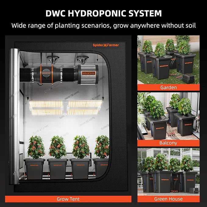 Spider Farmer DWC Hydroponics Growing System Kit 4 Buckets for Indoor Plant | 7-Gallon Deep Water Culture, New Triangular Cover Design, Recirculating Drip Gardening System with Top Drip Kit, 11W Air Pump