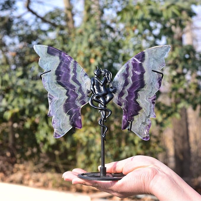 JIC Gem Large Amazing Gemstone Feather Fluorite Crystal Butterfly Art Decorative Healing Crystal Slices Carved Angel Wings with Stand Office Home Decor Reiki Crystal Gifts (1pair, 17-18cm)