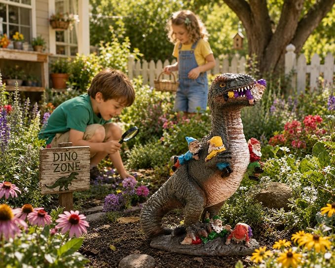12 Inch Dinosaur Eating Gnomes Garden Statue | Funny Dinosaur Statue with Colorful Gnome Figures for Fairy Gardens, Patios Yard Decor