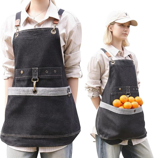 Denim Cross Back Gardening Apron with Adjustable Straps & Pockets | Heavy-duty denim; large front pockets; tool storage; cross-back straps; indoor & outdoor use; gardening and home tasks