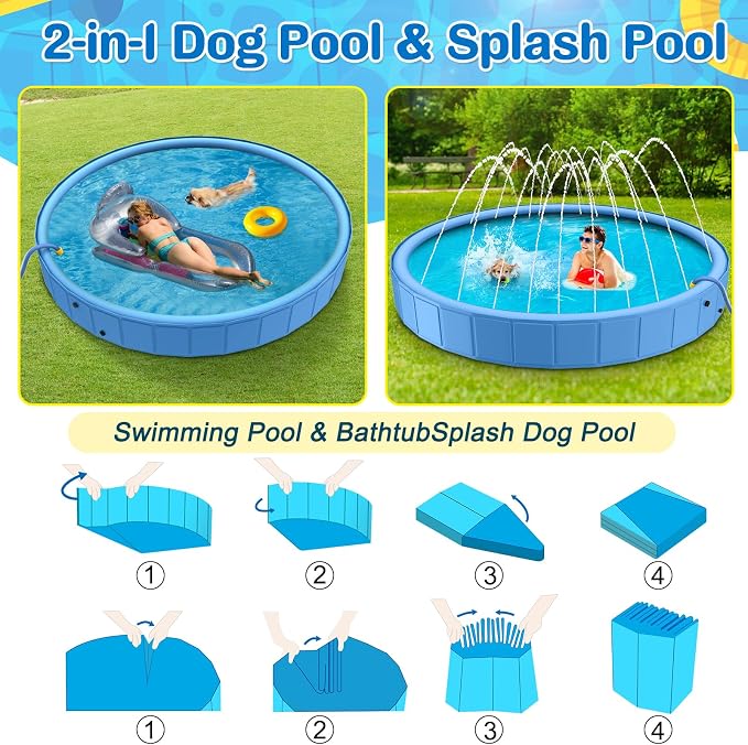 Foldable Dog Pool, 87in Large Sprinkler Pool with Cover, Heavy Duty Dogs Splash Pad with Sprinkler Bathtub for Large Medium Small Pets Summer Outside Water Playingng