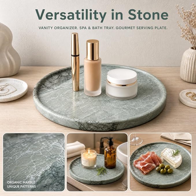 Real Natural Marble Round Tray 10.2in Solid Stone Decorative Plate | Luxury Light Green Marble Decor Tray for Candle, Jewelry, Plant. Food-Safe Solid Stone Serving Dish with Unique Veining