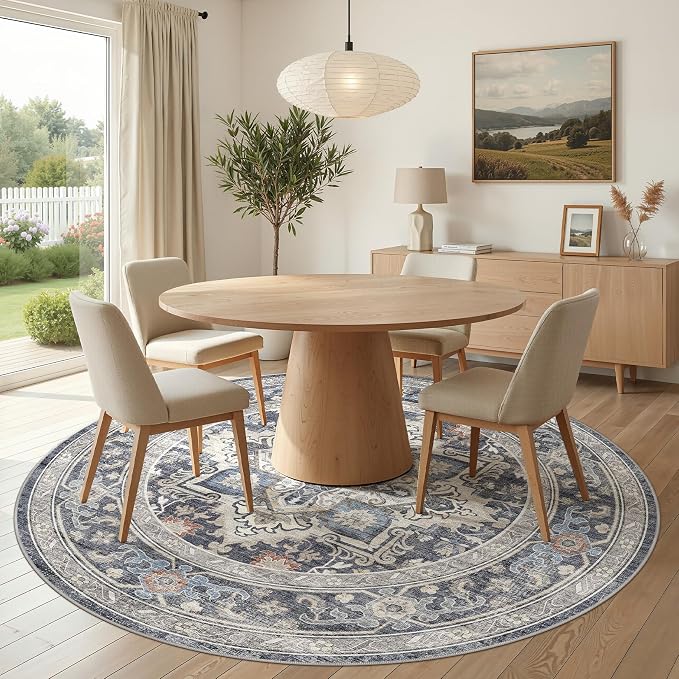 Round Washable Area Rug 8ft, Boho Vintage Distressed Oriental Medallion, Neutral Blue, Thin Carpet for Living Room Bedroom Home Office Decor -Blue