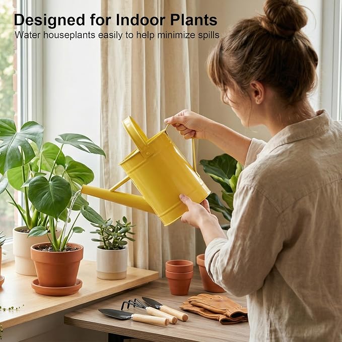DUSVALLY Yellow Metal Watering Can for Indoor and Outdoor Plants, 55oz Decorative Garden Watering Can with Removable Sprinkler Spout, Small Farmhouse Plant Waterer for Houseplants, Patio, Flowers