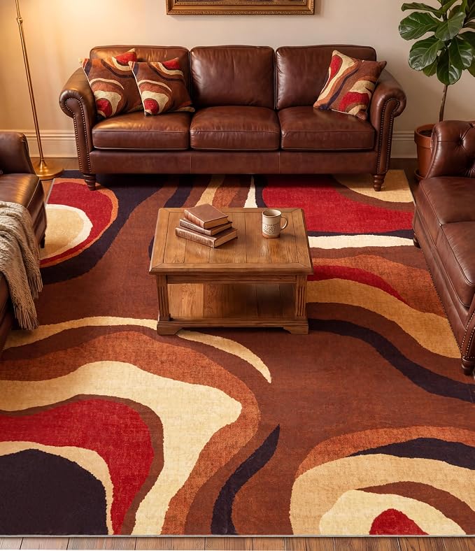 Burnt Orange Rug 6x9 Washable,Alfombras para Salas,Farmhouse Brown Retro Carpets,Geometric Abstract Wavy Rug for Living Room,Unique Colorful Rugs for Bedroom,Dining Room
