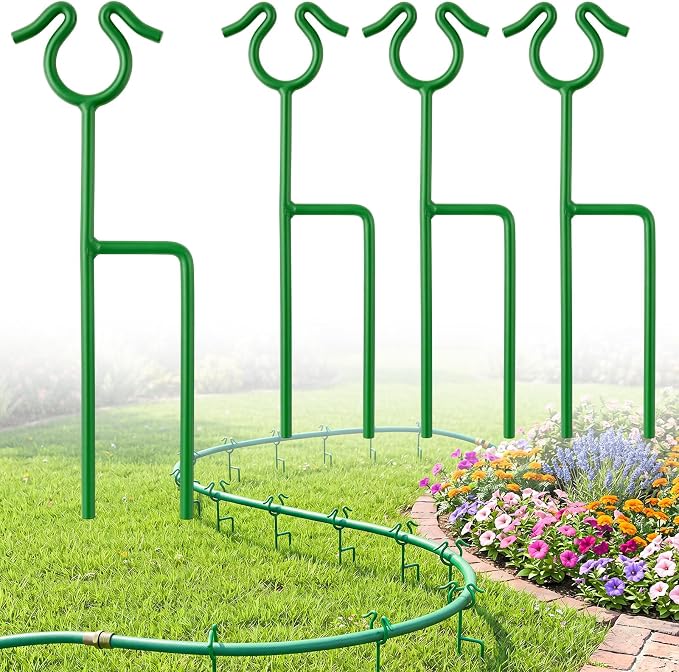 4 Pack Garden Hose Guide Stakes, 14 inch Metal Hose Guides for Garden Heavy Duty Rustproof Coated Spike Keeps Water Hose Out of Flower Beds Outside Lawn & Yard Plant Protection (Green)