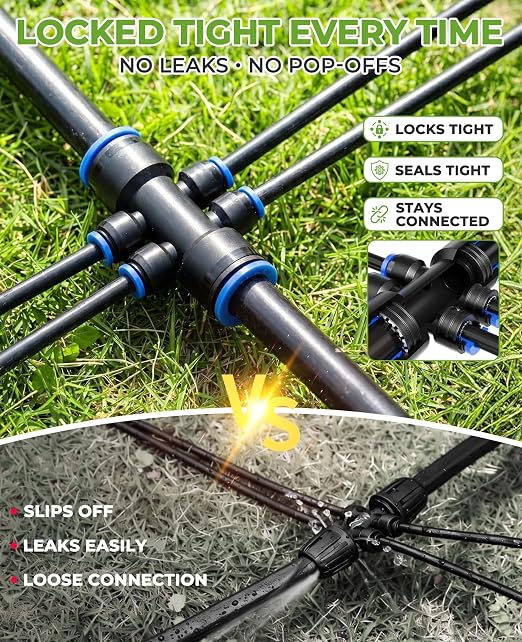 HIRALIY 50FT Automatic Drip Irrigation Kit with Timer, Quick-Connect Garden Watering System with 40FT 1/4" Tubing, 10FT Main Hose, 12 Adjustable Drippers for Patio, Raised Beds & Potted Plants