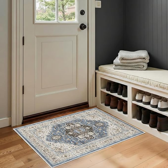 2x3 Area Rug Washable Vintage: Non Slip Throw Rugs for Entryway | Indoor Door Mat for Kitchen Soft Low Pile Thin Small Carpet for Hallway Bedroom Dining Room Home Office Decor