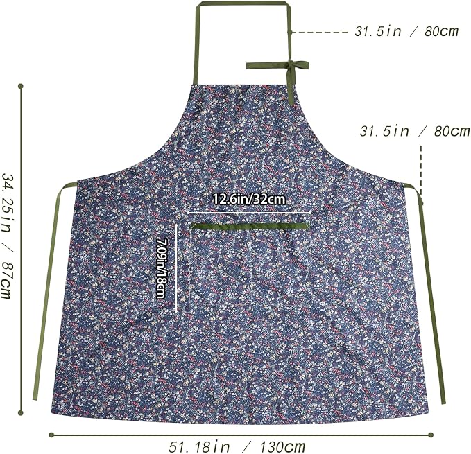 Women's Vintage Floral Kitchen Apron for Cooking & Gardening | Adjustable Neck Straps & Large Pockets, Cute Pinafore for Baking Tea Time, Practical Hostess Gift(Navy1)