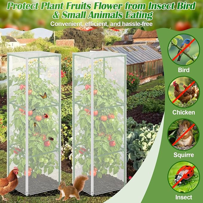 ROADPLUM 2 Pack Square Tomato Cages with 2 Plant Covers, 48" Heavy Duty Adjustable Tomato Cage for Garden, Plastic Coated Steel Pipe Stakes Trellis Plant Cages for Vegetable, Fruit, Climbing Plants