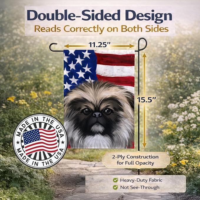 Caroline's Treasures CK6488GF Chinese Imperial Dog American Flag Garden Flag Mailbox Flag Decorative Yard Flag Banner Outside Patio Artwork Yard Flower Beds, Garden Size, Multicolor