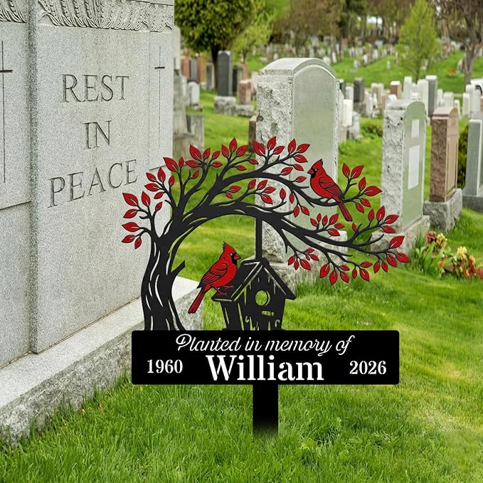 Personalized Cardinal Garden Sign with Stakes, Custom Outdoor Yard Decor, Memorial Gift for Mom, Garden Plaque Gifts for Memorial, Remembrance loss loved Ones, Grave Marker 22