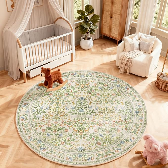 Washable Round Rugs for Bedroom 4ft: Living Room Rug Stain Resistant Non Slip Low Pile Ultra Soft Faux Wool Small Circle Rugs for Kitchen Entryway Nursery Dorm Home Office Bathroom Entrance Indoor