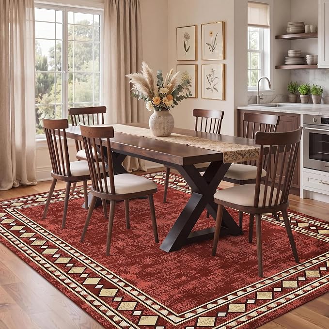 Garvee 5x7 Area Rugs Vintage Border Washable Rugs Living Room, Red | Boho Area Rug Stain Resistant Easy Cleaning Throw Rugs Non Shedding Low Pile Floor Cover for Nursery Dining Room