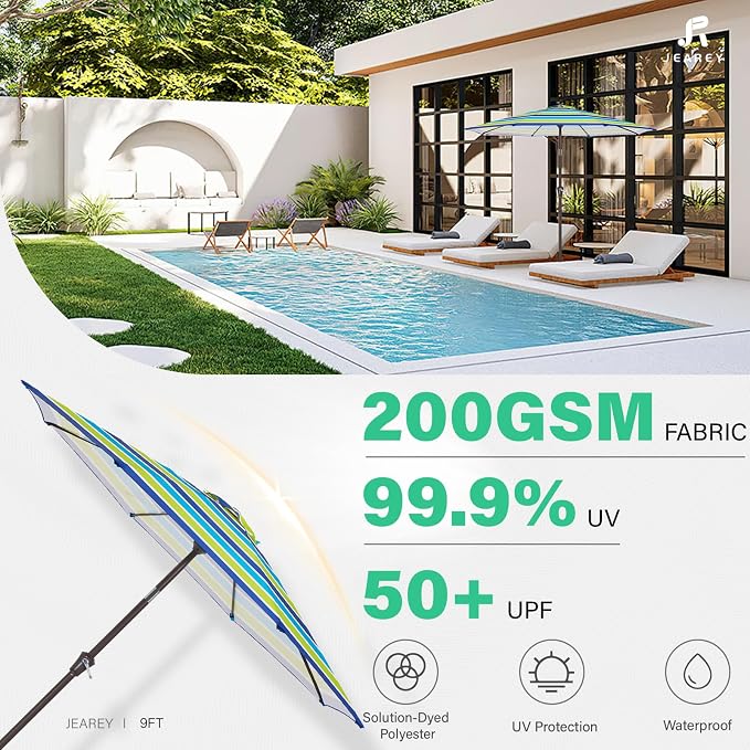 JEAREY 9' 2-Tiers Patio Umbrellas Outdoor Table Market Umbrella w/Push Button Tilt/Crank, 8 Sturdy Ribs, UV Protection Waterproof Sunproof(Blue Green Striped)