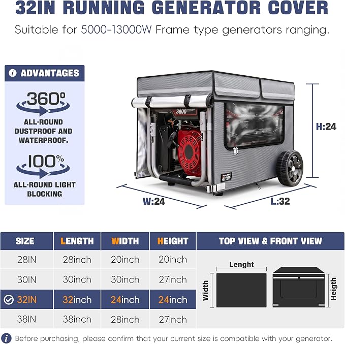 Generator Covers While Running. 32x24x24 Inch Generator Cover, 900D+210D Heavy Duty Waterproof, PVC Transparent Visual Operation Window, Top Can Be Opened for Refueling. Gray