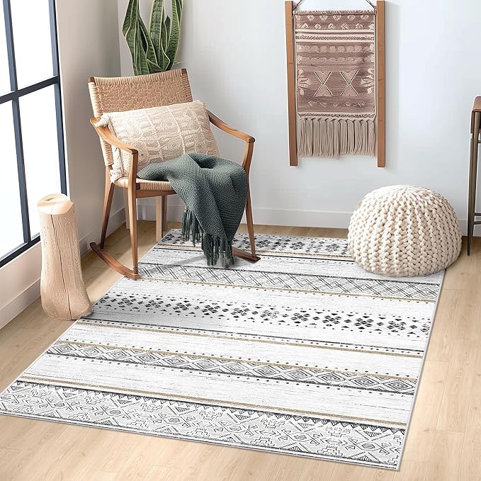 3x5 Washable Area Rugs for Living Room Boho Bathroom Rug Black/Brown | Vacuum Friendly, Machine Washable, Non-Slip Rug, Stain Resistant, Moroccan Geometric, Low Pile Carpet, Entryway Kitchen
