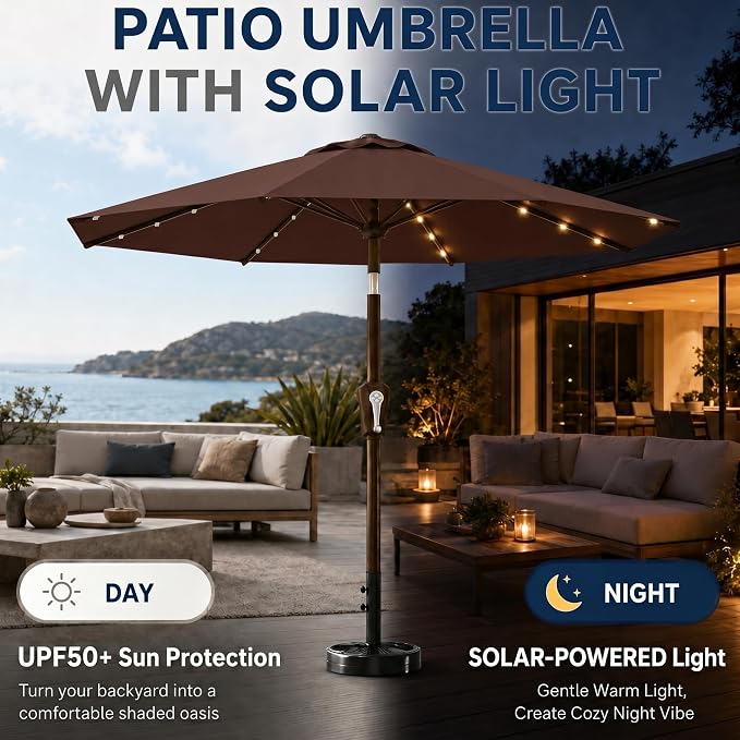 10FT Solar Patio Umbrella with Lights, Outdoor Table Market Umbrella with 32 LED Lights, 8 Sturdy Ribs, Push Button Tilt and Crank for Pool, Deck and Garden, UV-Resistant