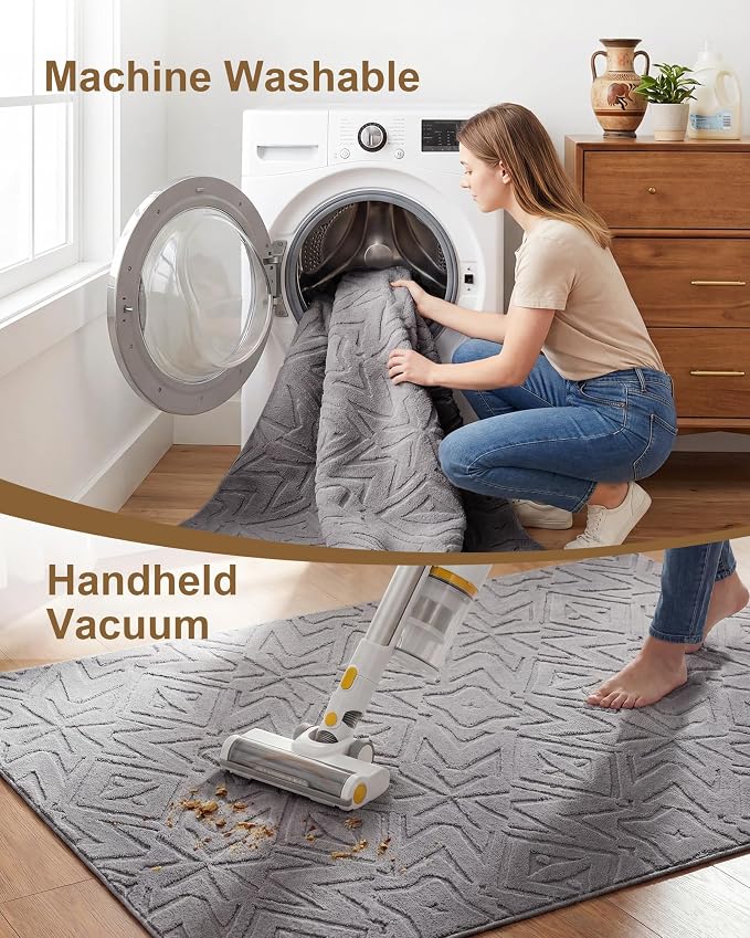 Carvapet Washable 6.5' Round Rug High Low Pile Area Carpet | Soft plush non-slip indoor floor rug, ideal for living room, bedroom, home and kids nursery decor