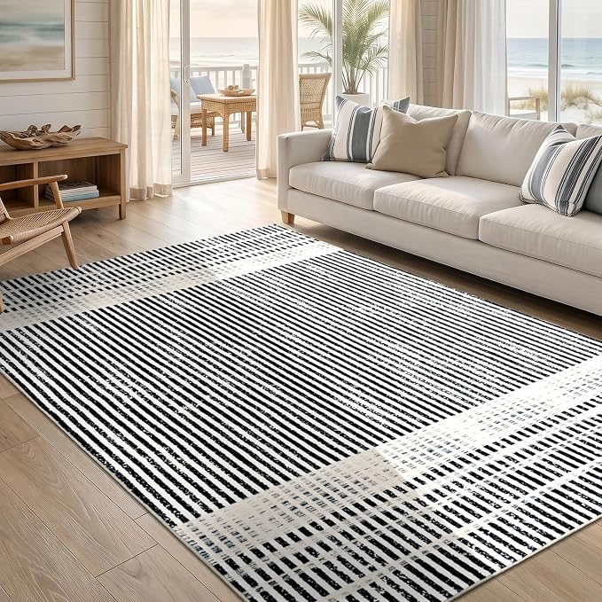 Washable 6x9 Modern Striped Area Rug, Abstract Living Room Rug | Black Beige, Soft Low Pile, Skin Friendly, Non-Slip for High Traffic, Bedroom Vintage Braided Paid Style Home Decor