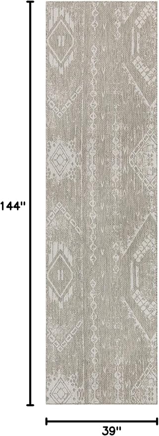 Unique Loom Outdoor Bohemian Collection Area Rug - Anthro (3' 3" x 12' Runner, Gray/ Ivory)