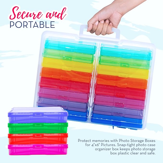 4E's Novelty 16 Pack Clear Multicolor Photo Box for Crafts, Supplies 4x6 Photo Cases & Photobox, Classroom Storage and Organization Box Plastic Transparent for Scrapbooking Container Organizer