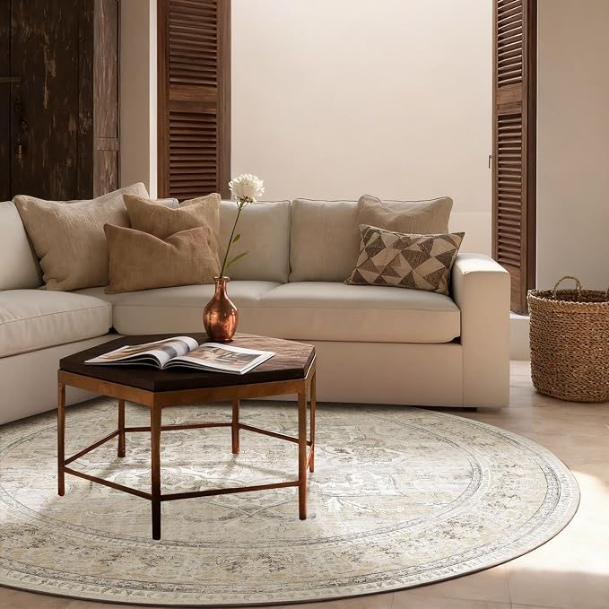 4ft Washable Round Rugs for Bedroom: Circle Living Room Rug Boho Vintage Non Slip Low Pile Soft Faux Wool Non Shedding Small Circular Rug for Kitchen Entryway Bathroom Bedside Office Dorm Kids Room