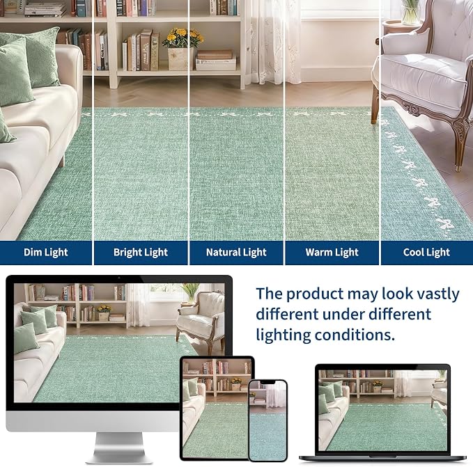 COZYLOOM 9x12 Large Bow Border Area Rug for Living Room, Machine Washable Area Rugs for Bedroom, Non Slip Non Shedding Solid Color Rug Stain Resistant Low Pile Mats for Dining Room, Office, Green