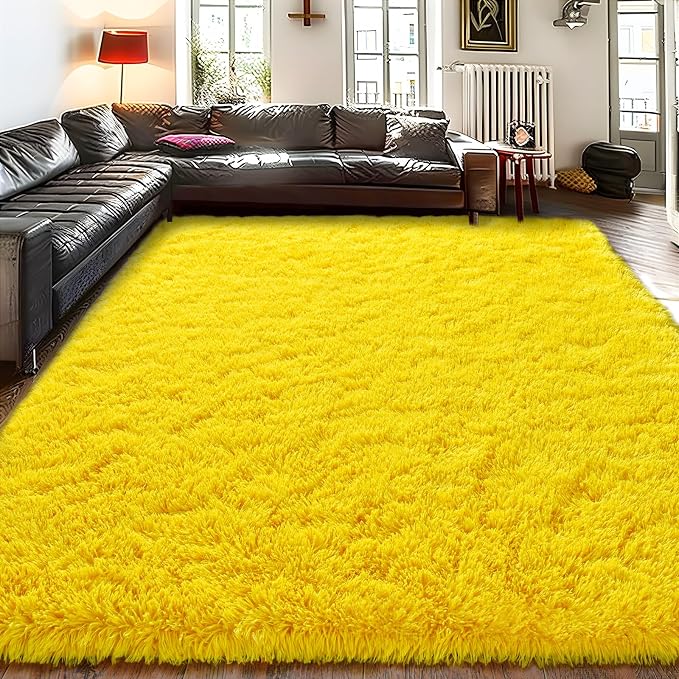 8x10 Large Area Rugs for Living Room, Fluffy Washable Yellow | Upgrade Non-slip, 8 x 10 Big Shag Rug for Bedroom Girls Kids Nursery, Modern Shaggy Furry Carpet for Dorm, Flame Resistant