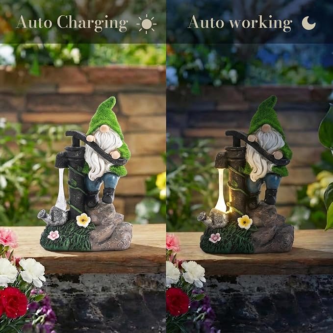 TERESA'S COLLECTIONS Garden Decor, Garden Gnomes Pumping Water,Gnomes Decor, Waterproof Resin with Solar Lights, Garden Decor, Garden Gifts for Mom,Indoor/Outdoor,9"