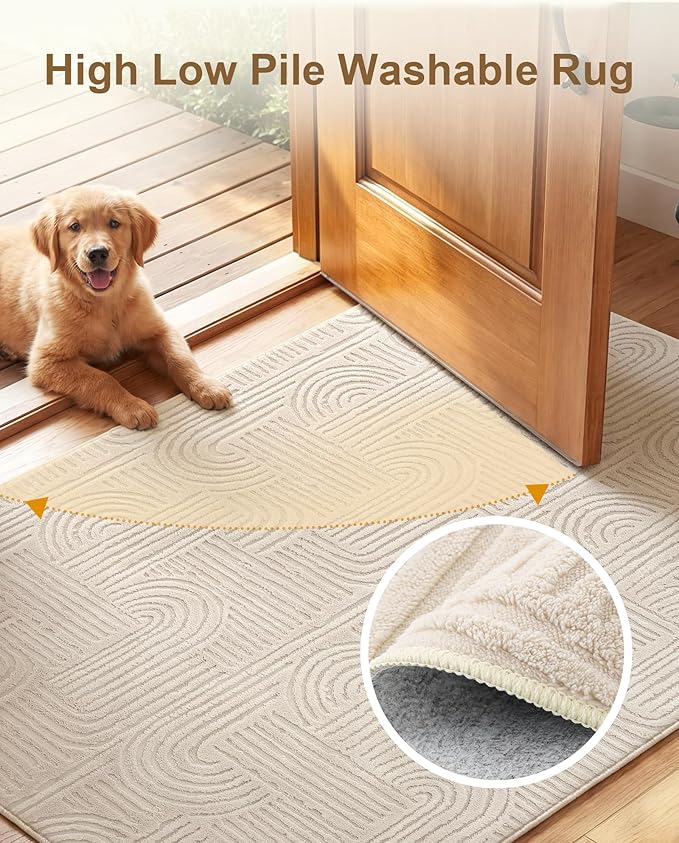 Carvapet 5x7 Area Rug Beige Modern Geometric Maze Washable Carpet | Soft plush rug with 3D high low pile texture and skid resistant backing for living rooms and bedrooms