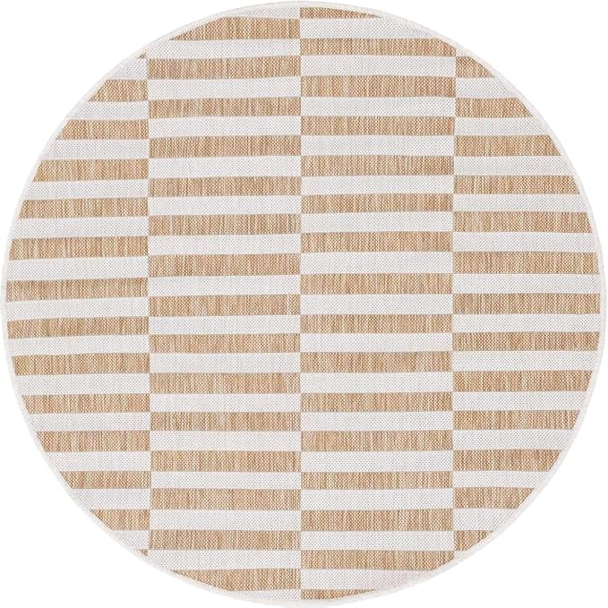 Unique Loom Outdoor Striped Collection Area Rug - Striped (4' 1" Round, Taupe/Ivory)
