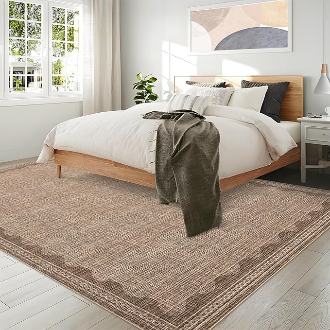 8x10 Scalloped Area Rugs Coffee Washable Living Room Bedroom Rug | Solid Tan Rug for Bedroom Girls, Non Slip Throw Carpet With Rubber Back, Soft Dorm Nursery Scalloped Rugs for Dining Room