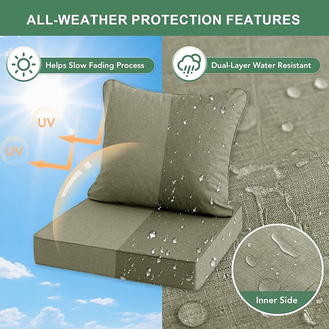 Summsun Water Resistant Outdoor Chair Cushions, Faux Linen Backrest and Deep Seat Cushion Set with Ties, Removable Cover, Non-Slip Bottom for Patio Furniture, 24 x 24 Inch, Mocca Green, Set of 4