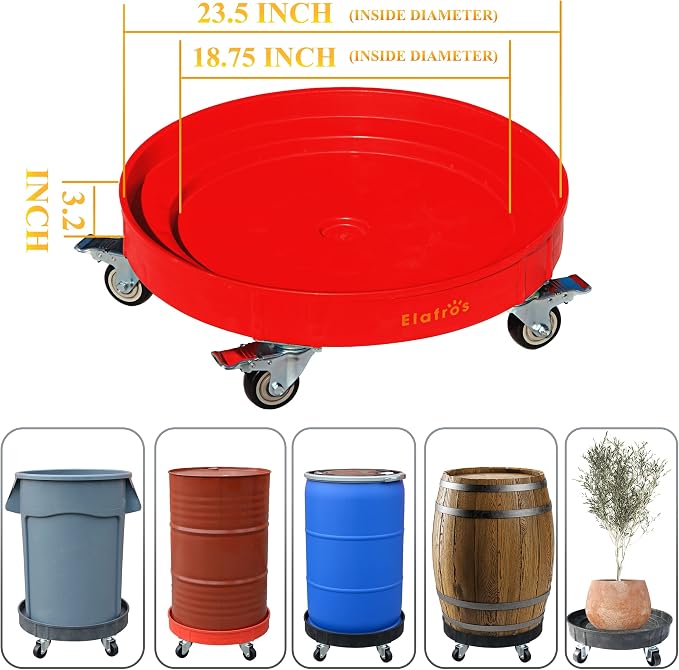 ELAFROS 30 Gallon and 55 Gallon Heavy Duty Plastic Drum Dolly – Durable Plastic Drum Cart 900 lb. Capacity- Barrel Dolly with 5 Swivel Casters Wheel, Red, with Brake