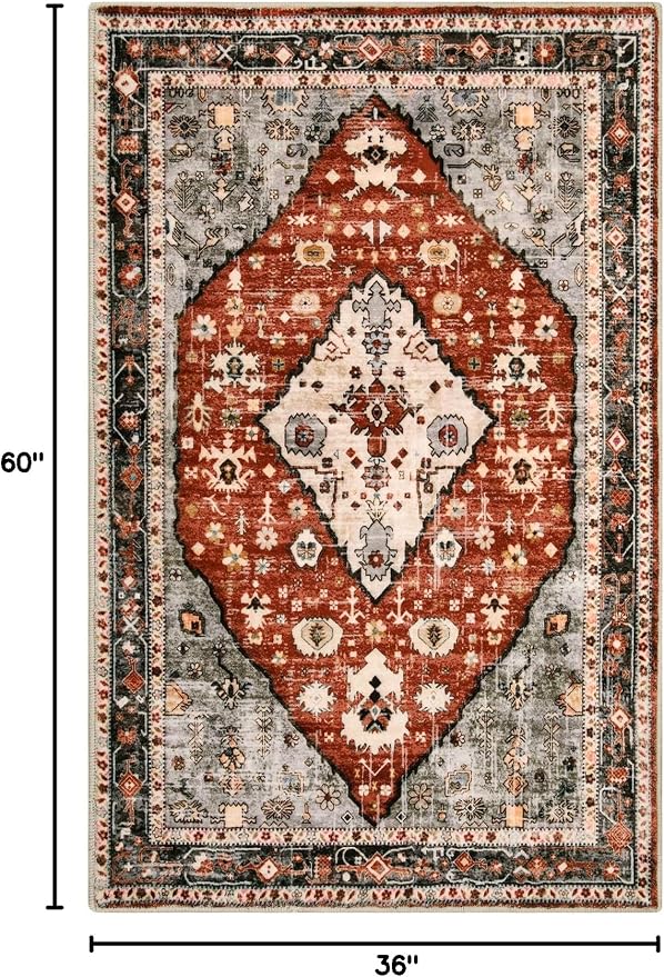 Lahome Felice Boho Tribal Area Rug - 3x5 Red Rugs for Entryway, Bedroom Throw Rugs with Rubber Backing Washable, Vintage Non Slip Mat Soft Carpet for Office Kitchen Foyer Entrance Living Room