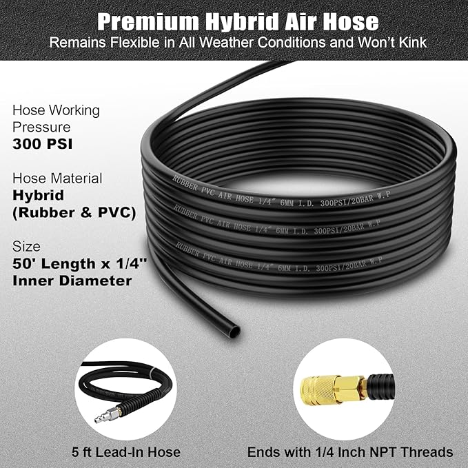 Vkndoynt Retractable Air Hose Reel, 1/4 IN x 50 FT Hybrid Polymer Hose, Auto Rewind, Wall Mount, Dark Gray/Red