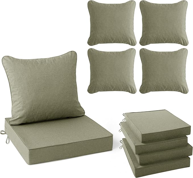 Summsun Water Resistant Outdoor Chair Cushions, Faux Linen Backrest and Deep Seat Cushion Set with Ties, Removable Cover, Non-Slip Bottom for Patio Furniture, 24 x 24 Inch, Mocca Green, Set of 4