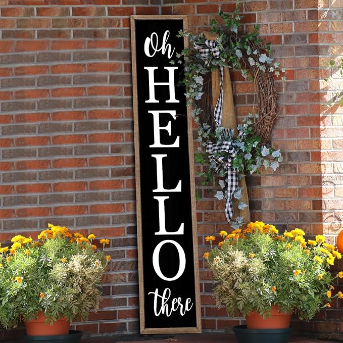 Oh Hello There Outdoor Welcome Sign For Front Porch Standing 45"X9" Large Rustic Farmhouse Vertical Tall Long Wooden Framed Outside Front Door Home Wall Decoration (Wood Black)