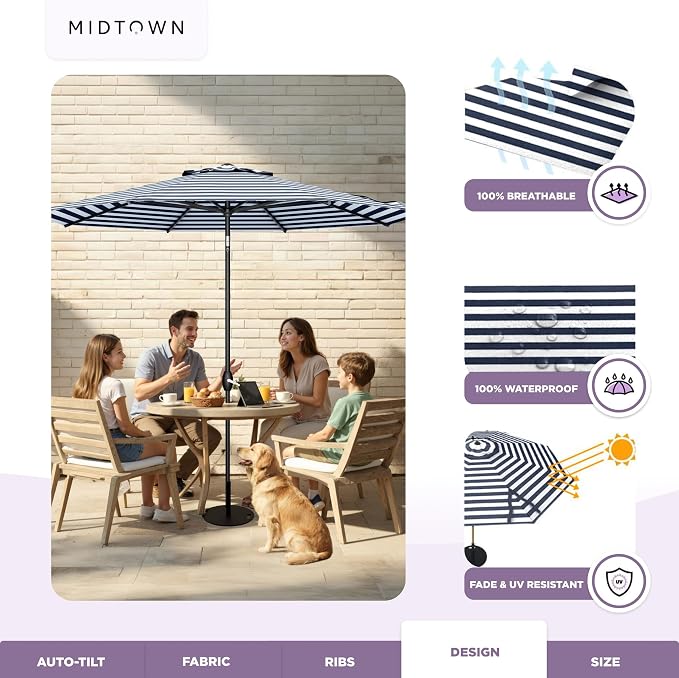Midtown Umbrellas - 10-Year-No-Fade 6 Ft Patio Umbrella with Terylast Fabric, Auto-Tilt Aluminum Frame and 8 Reinforced Ribs for Deck, Pool, Garden & Beach - Navy/White Stripe Canopy, Black Pole