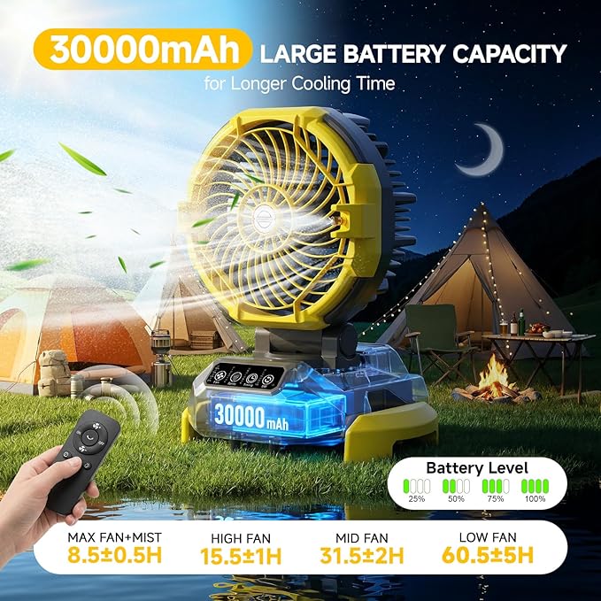 Portable Misting Fan with 6.6 Gallon Bucket, 30000mAh Rechargeable Battery Powered Floor Cooling Fan with 4 Strong Winds & 4 Spray Mister, Outdoor Oscillation Fans for Camping/Patios/Beach/Worksite