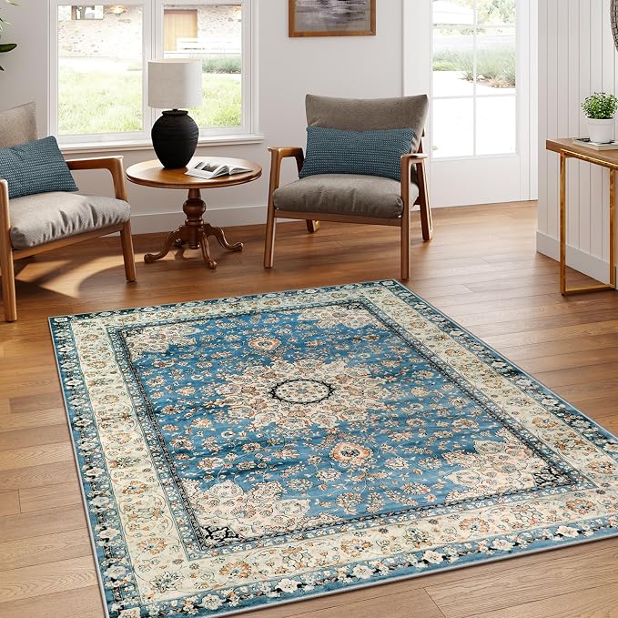 Lahome Felice Oriental Floral Medallion Area Rug - 5x7 Large Blue Distressed Living Bedroom Rug, Non-Slip Machine Washable Low-Pile Dining Room Mat Indoor Accent Carpet for Entryway Office Home