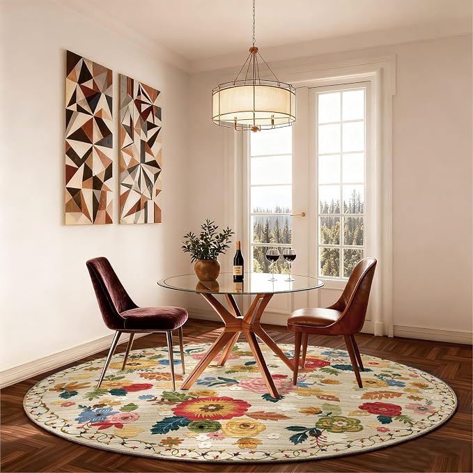 4ft Washable Round Rugs for Bedroom: Circle Living Room Rug Floral Vintage Non Slip Low Pile Soft Faux Wool Non Shedding Small Circular Rug for Kitchen Entryway Bathroom Bedside Office Dorm Kids Room
