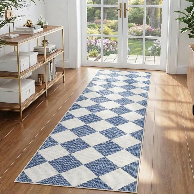 GarveeHome Checkered Rug Runners Hallway 2x6 Navy Blue Kitchen Runner | Non Slip Soft Diamond Print Entryway Rug Thin Laundry Mat Stain Resistant Carpet for Bedroom Bathroom Beside
