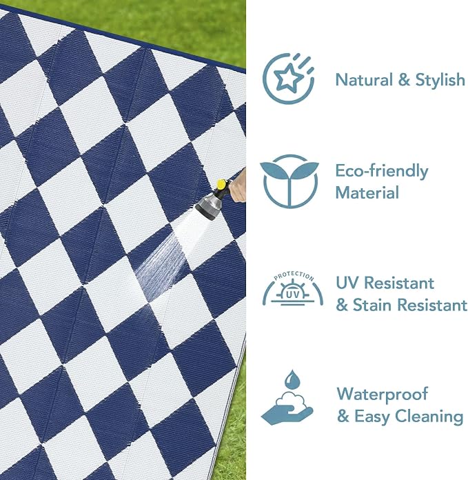Garvee 8x10 Outdoor Rug Waterproof Plastic Straw Rug Outdoor Patio Rugs Reversible Mat Easy Clean Foldable Lightweight Large Area Rugs for Patio Porch Backyard Camping RV Beach Balcony Checkered Navy