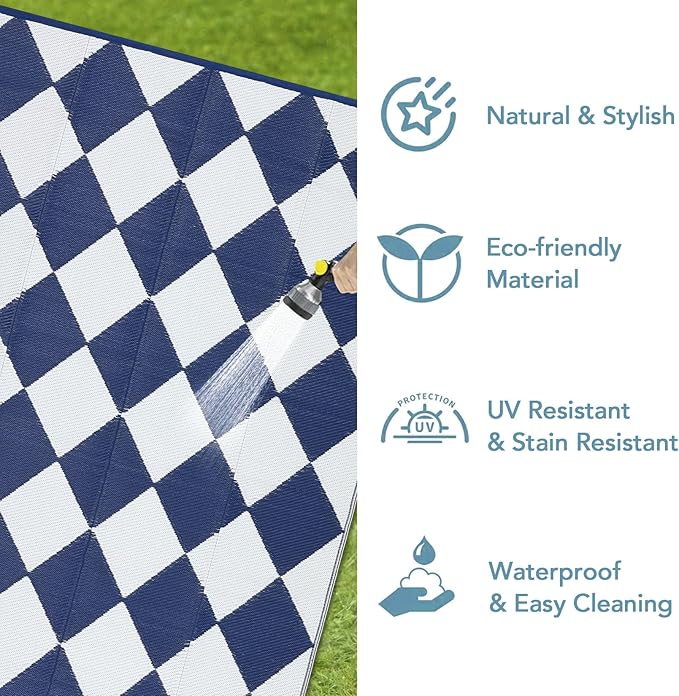 Garvee 9x12 Outdoor Rug for Patio Plastic Straw Rug Waterproof Reversible Mat Lightweight Foldable Carpet Easy Clean Large Rugs for Patio Porch Backyard Camping RV Beach Balcony Deck Checkered Navy