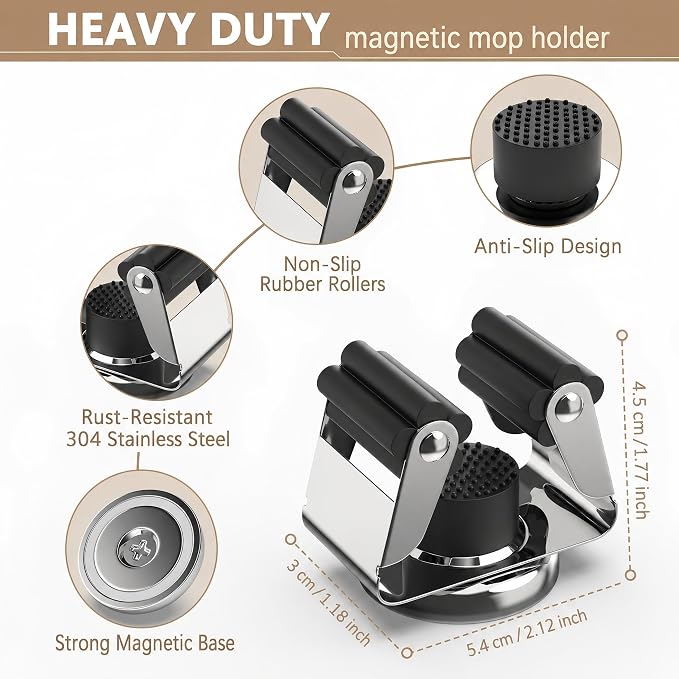 3-H Magnetic Broom Holder 8pcs, Stainless Steel No Drill Mop Holder Wall Mount with 4 Mini Magnetic Hooks, Movable Magnet Tool Organizer for Garage Laundry Kitchen Garden RV, Silver
