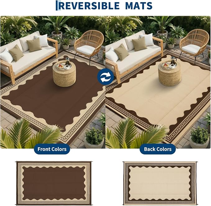 Garvee Outdoor Rug 8x10 Scalloped Waterproof Patio RV Outdoor Rugs Reversible Foldable Plastic Straw Rug Modern Camping Carpet for Deck Camper Porch Balcony Backyard Picnic Beach Brown